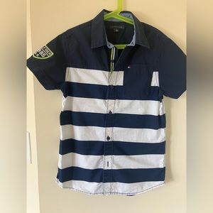 TOMMY HILFIGER Blue and white shirt boys button-up. Size M